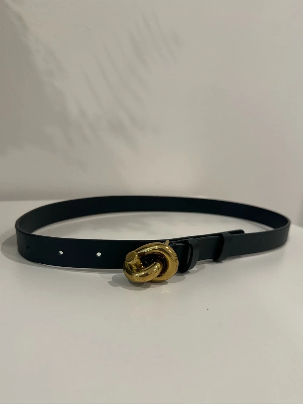 Bottega Veneta Dark Green Leather Belt with Gold Knot Buckle